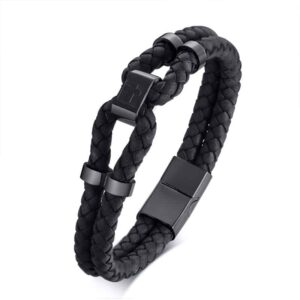 Takeit Deals Double Layered Woven/Braided Genuine Leather Bracelet w/ Cross Detail (M/L)- Black